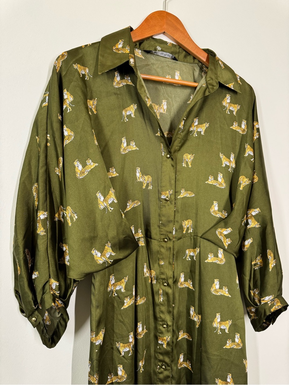 Zara Olive Green Satin Midi Shirt Dress - Picture 5 of 9